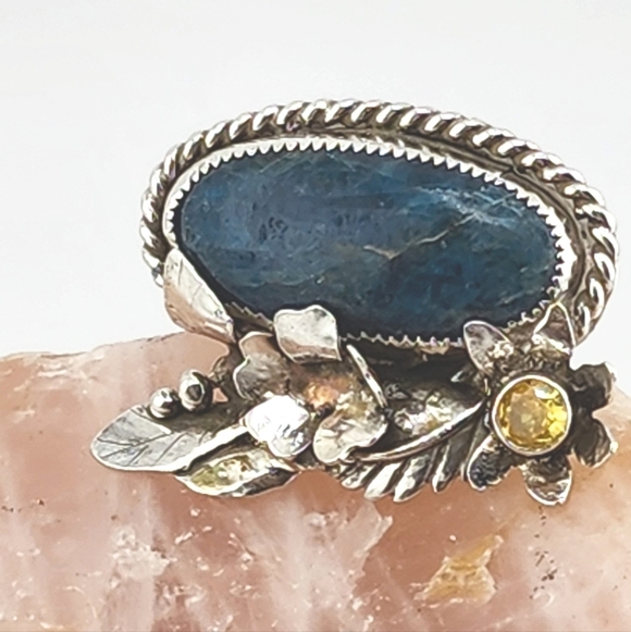 BLUE APATITE & CITRINE FLORAL RING HANDMADE IN RECYCLE STERLING SILVER SZ 8 - Picture 8 of 8